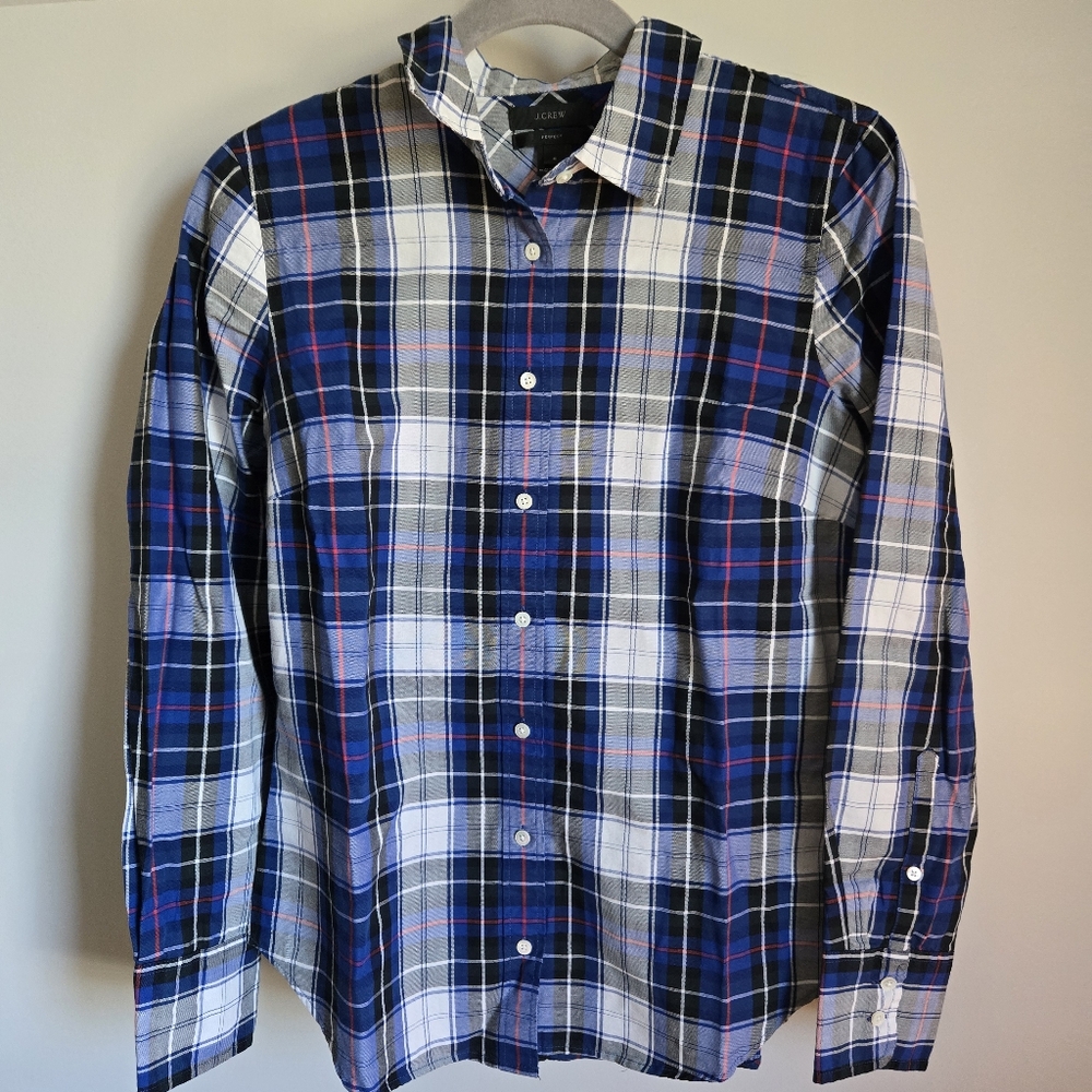 J. Crew Womens Sz 6 M Medium Blue White Button Down Plaid Shirt Preppy Old Money